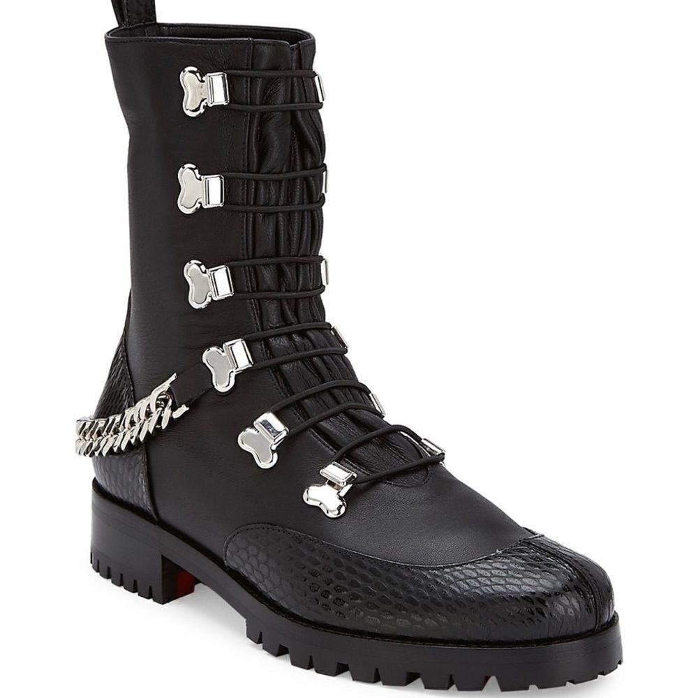 Christian Louboutin Horse Chain-Trimmed Leather Combat Boots size 37